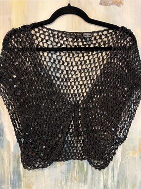 Frangi Black Sequin Open Knit Cropped Shrug Top